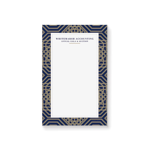 Personalized notepad featuring a navy and gold geometric design, perfect as an elegant professional stationery gift.