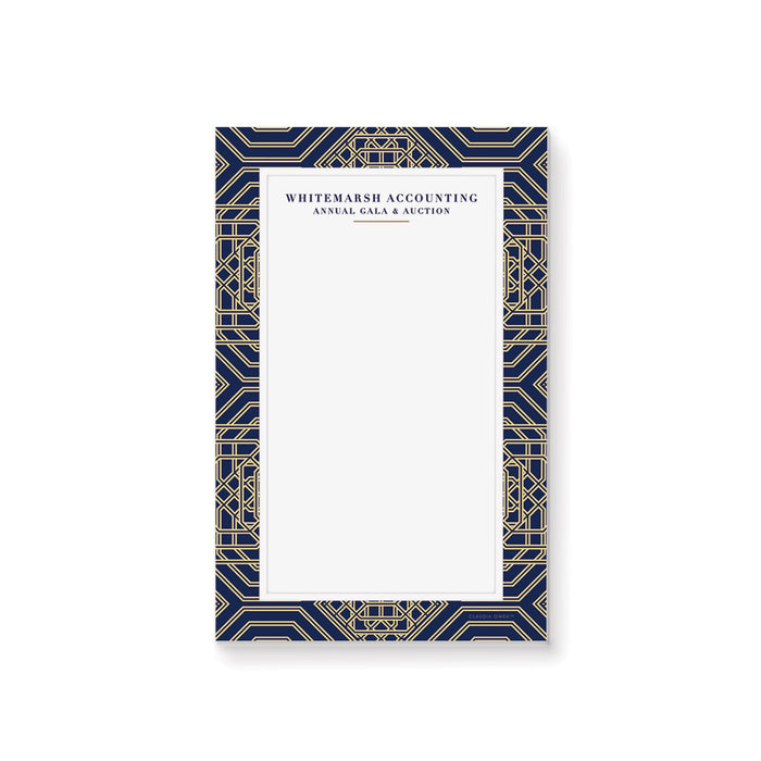 Personalized notepad featuring a navy and gold geometric design, perfect as an elegant professional stationery gift.