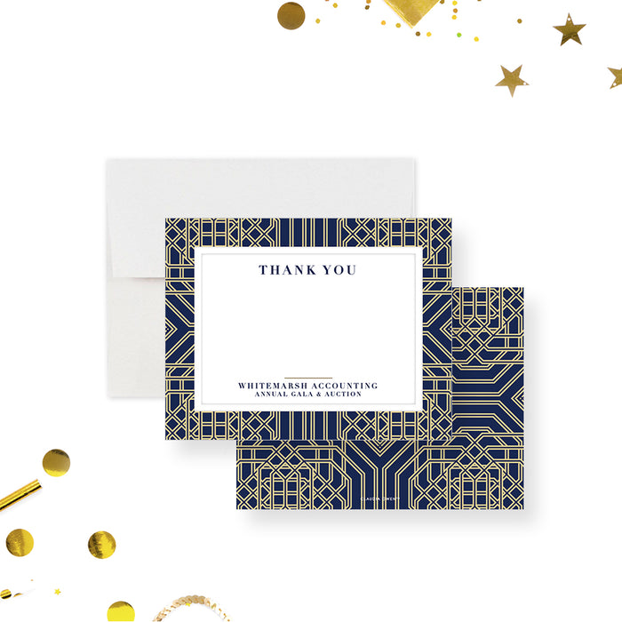 Personalized thank you card with navy and gold geometric design, a modern note card perfect for professional gratitude.-front-back