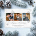 Elegant silver holiday photo card featuring three family photos, snowflake accents, and “Happy Holidays” script text on white background.