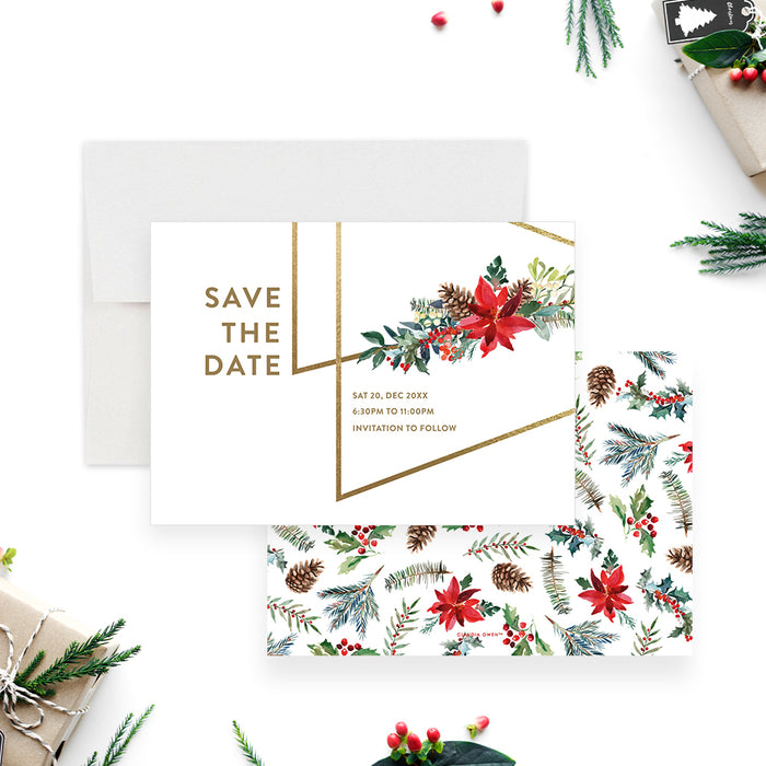 Christmas save the date card with poinsettia flowers and gold geometric frame design for holiday parties-front-back