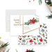 Christmas save the date card with poinsettia flowers and gold geometric frame design for holiday parties-front-back