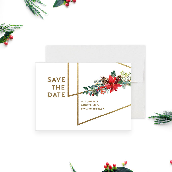 Christmas save the date card with poinsettia flowers and gold geometric frame design for holiday parties-front