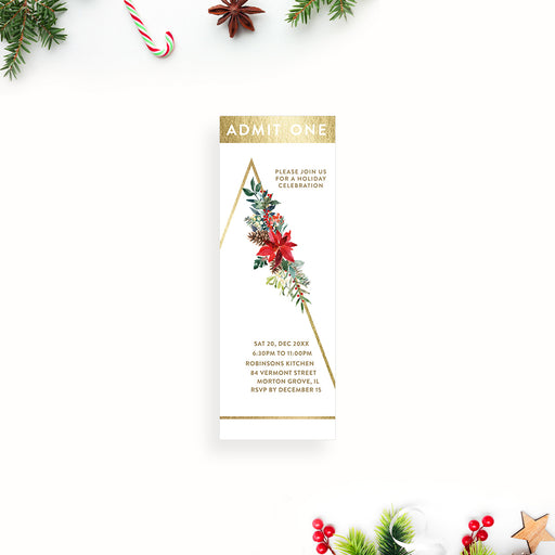 Christmas party ticket invitation with gold line-art Christmas tree and poinsettia flowers for holiday celebrations