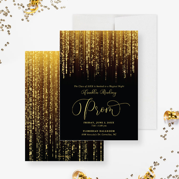 Elegant prom invitation with sparkling hanging lights on black background for a glamorous school dance or gala-front-back