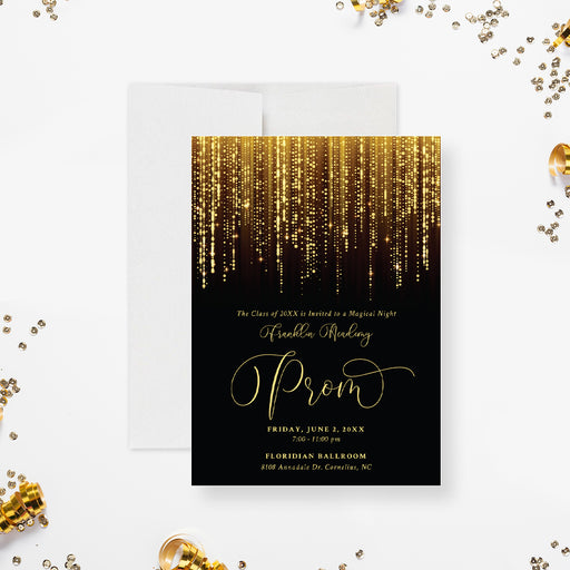 Elegant prom invitation with sparkling hanging lights on black background for a glamorous school dance or gala-front