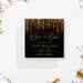 Elegant prom save the date card with sparkling hanging lights on black background for formal school event-front