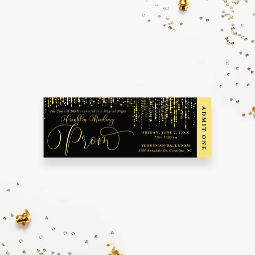 Elegant prom ticket invitation with sparkling hanging lights on black background and admit one stub