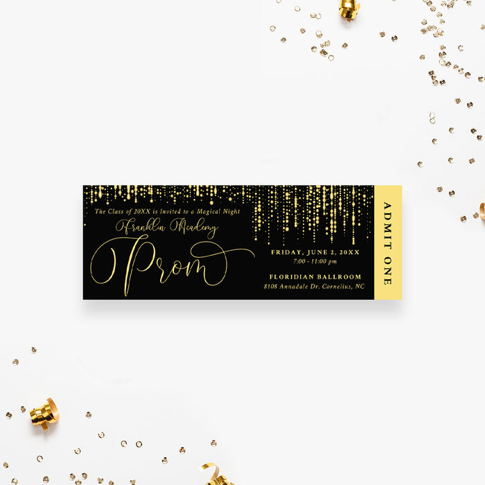 Elegant prom ticket invitation with sparkling hanging lights on black background and admit one stub
