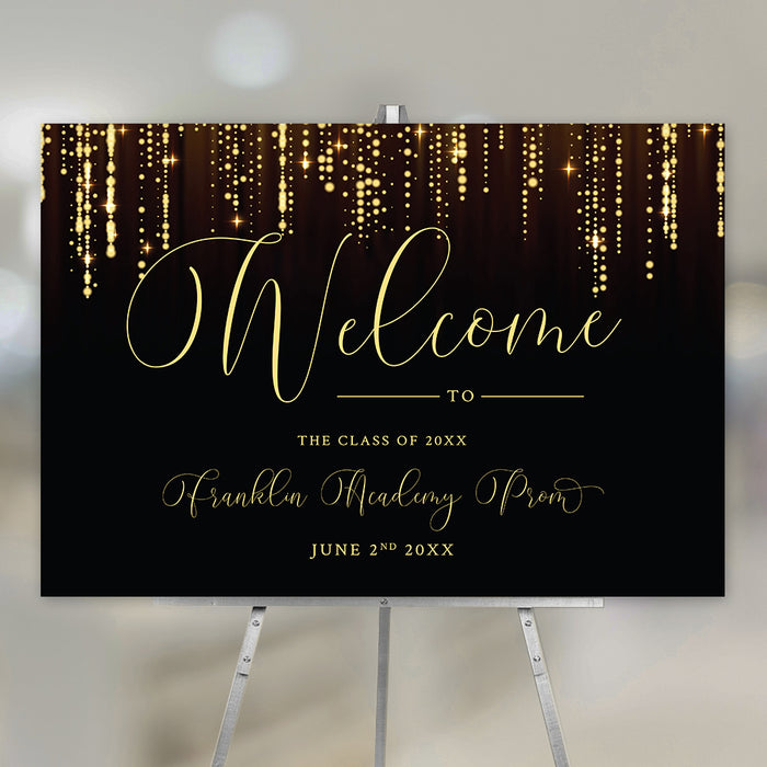 Elegant prom welcome sign with sparkling hanging lights on black background for gala entrance display