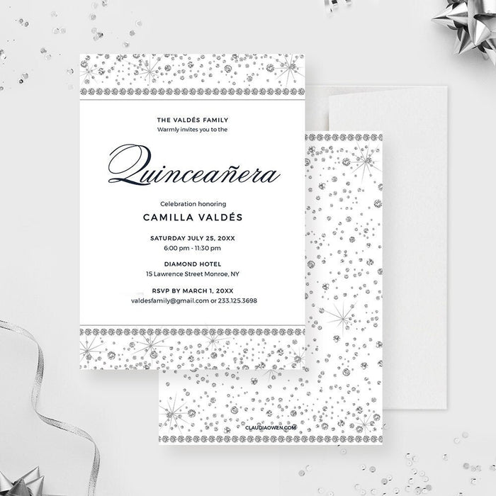 Elegant Quinceañera digital invitation template with diamond design and personalized celebration information