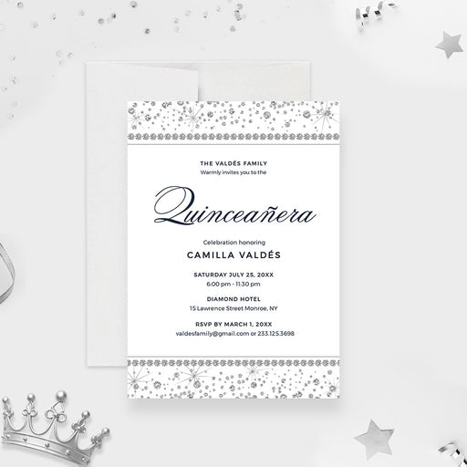 Elegant Quinceañera digital invitation template with diamond design and personalized celebration information