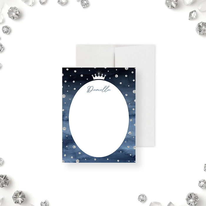 Personalized quinceañera note card featuring a navy watercolor with crown and sparkling jewels design-front