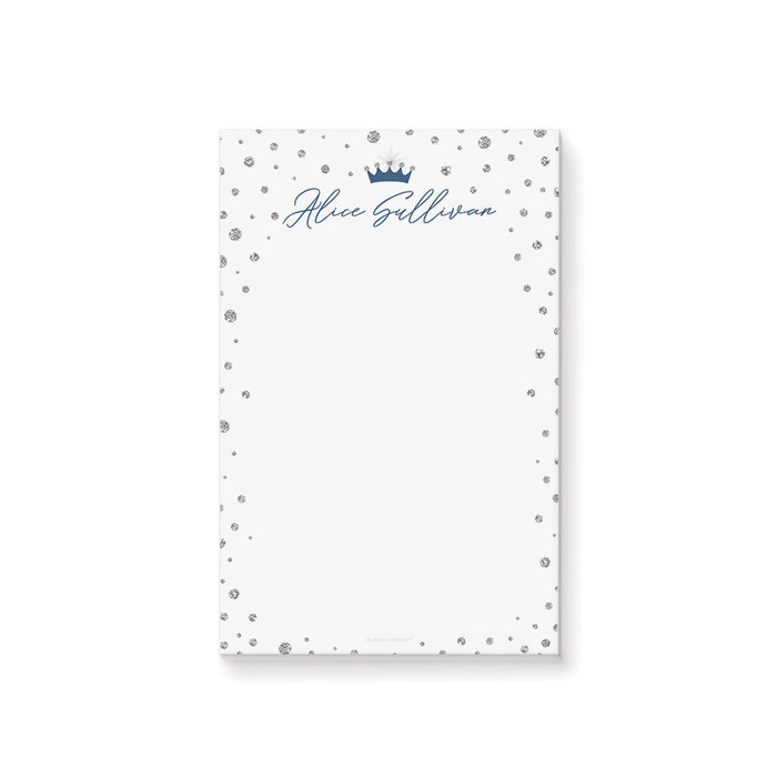 Elegant princess-themed personalized notepad with crown and scattered diamonds design