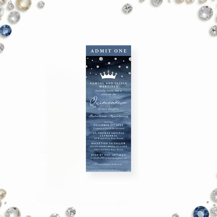 Quinceañera ticket-style invitation with elegant diamonds and crown design