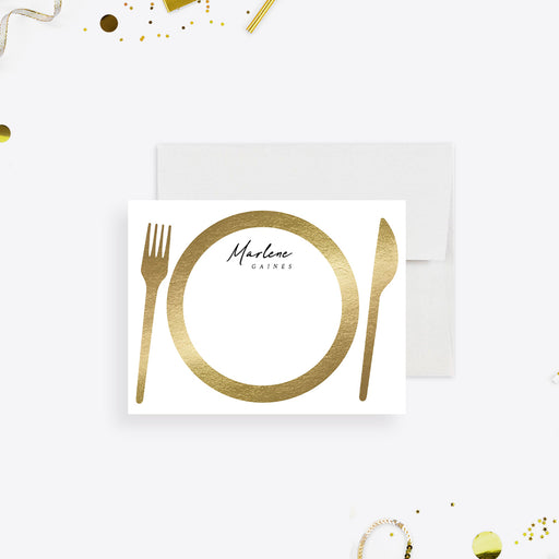 Black and gold wedding thank you card with elegant plate illustration-front