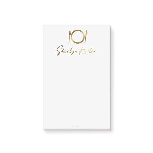 Personalized black and gold wedding notepad with elegant plate illustration