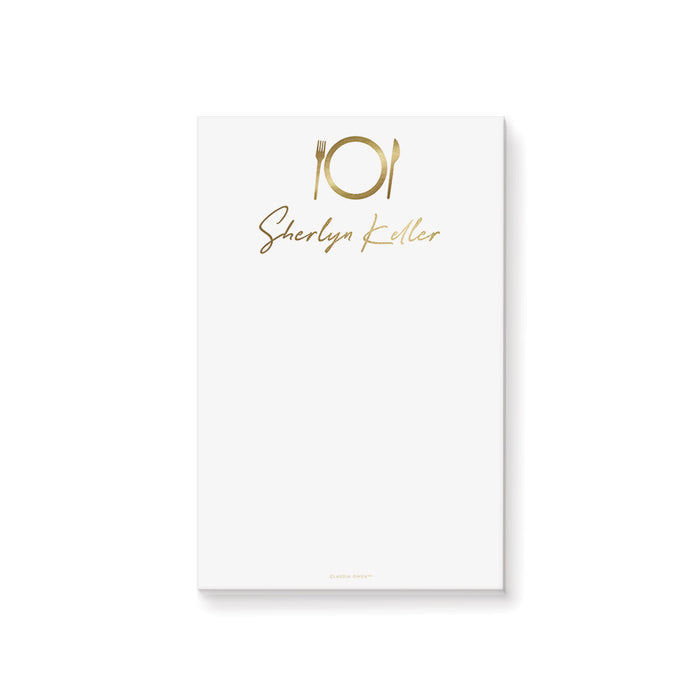 Personalized black and gold wedding notepad with elegant plate illustration