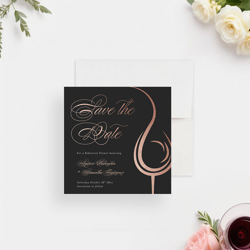 rehearsal dinner save the date card with elegant wine glass design-front
