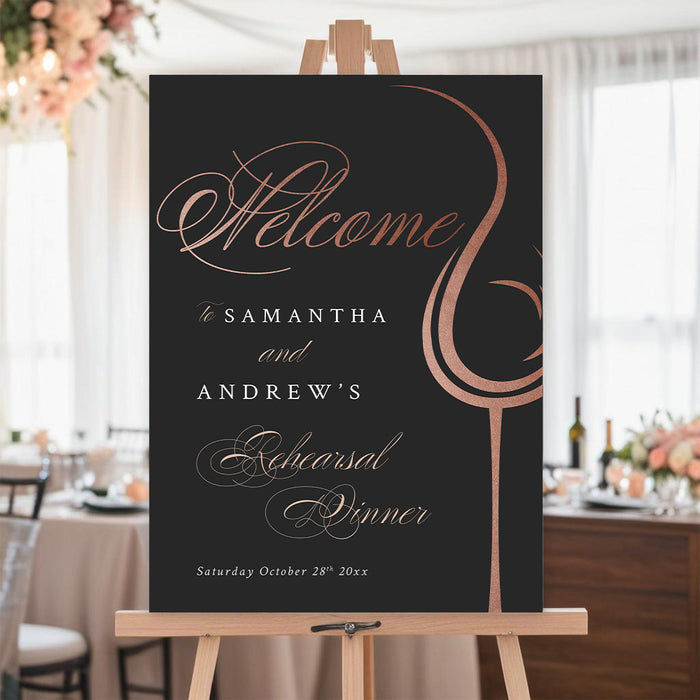 rehearsal dinner welcome sign with elegant wine glass design on black background