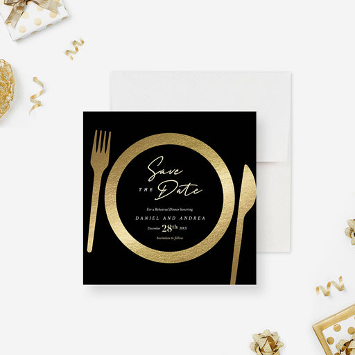 Rehearsal dinner save the date card with elegant table setting illustration-front