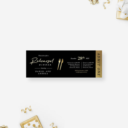 Black and gold rehearsal dinner ticket invitation featuring an elegant cutlery design