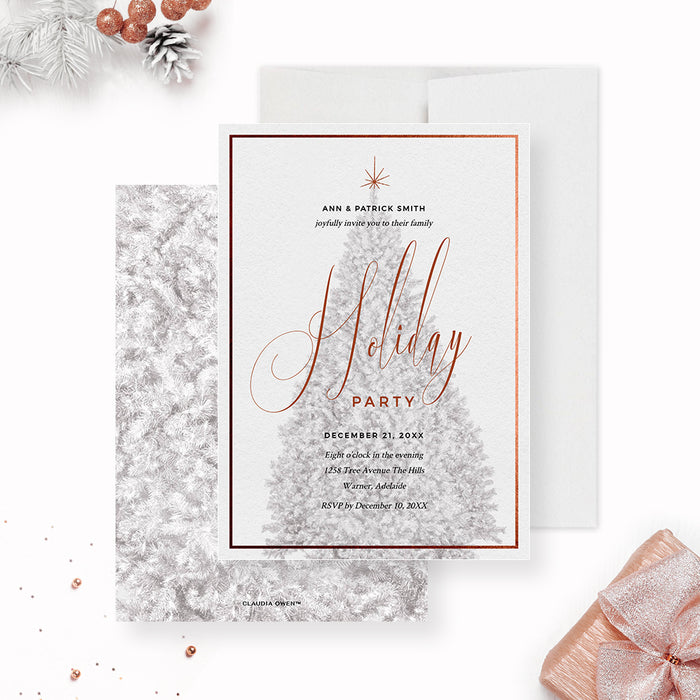 Elegant holiday party invitation featuring rose gold script text, minimalist Christmas tree illustration, and modern layout on white textured background.