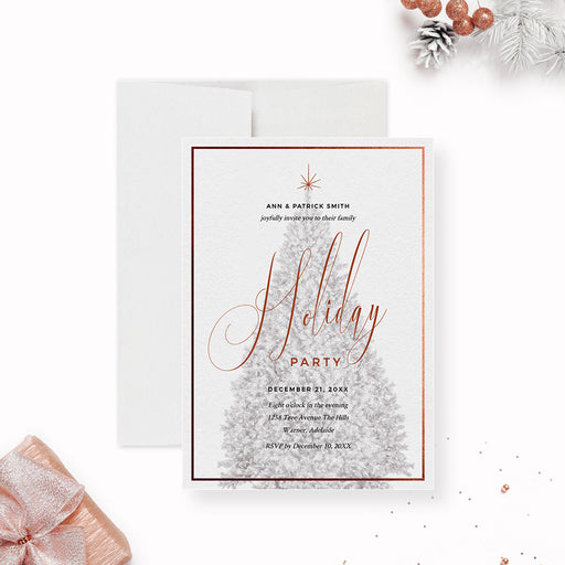 Elegant holiday party invitation featuring rose gold script text, minimalist Christmas tree illustration, and modern layout on white textured background.
