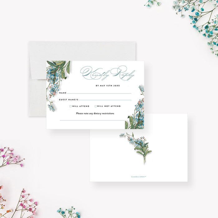 Floral Wedding Invitation Card, Spring Wedding Invites with Forget Me Nots Flower Illustrations, Wedding Shower Invitations with Blue Flowers