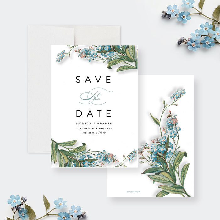 Floral Wedding Invitation Card, Spring Wedding Invites with Forget Me Nots Flower Illustrations, Wedding Shower Invitations with Blue Flowers