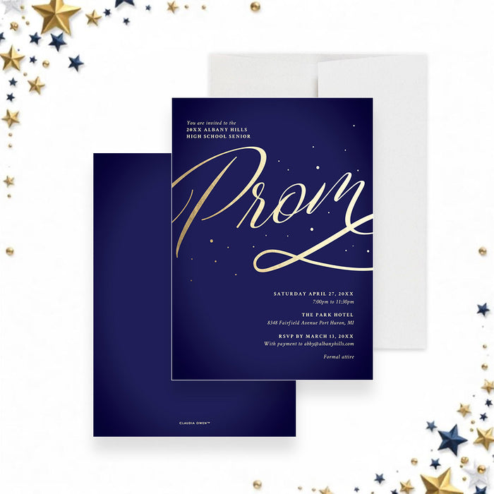 Elegant navy and gold prom invitation card featuring gold script lettering and custom details, ideal for formal events.-front-back
