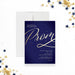 Elegant navy and gold prom invitation card featuring gold script lettering and custom details, ideal for formal events.-front