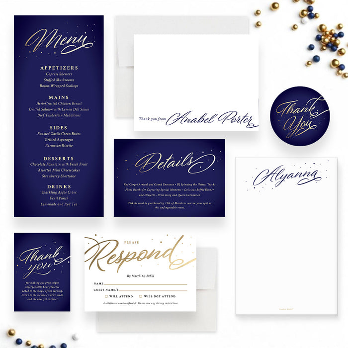 Elegant Prom Invitation in Navy Blue and Gold