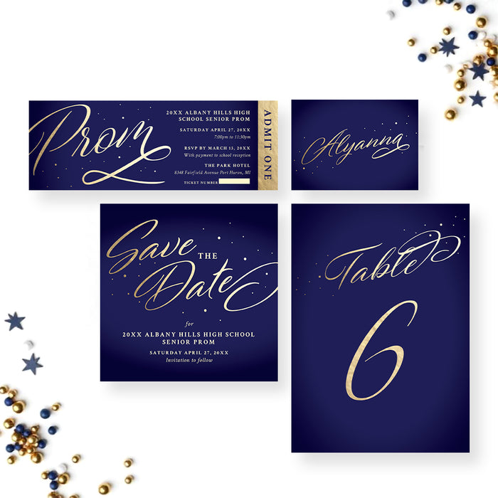 Elegant Prom Invitation in Navy Blue and Gold