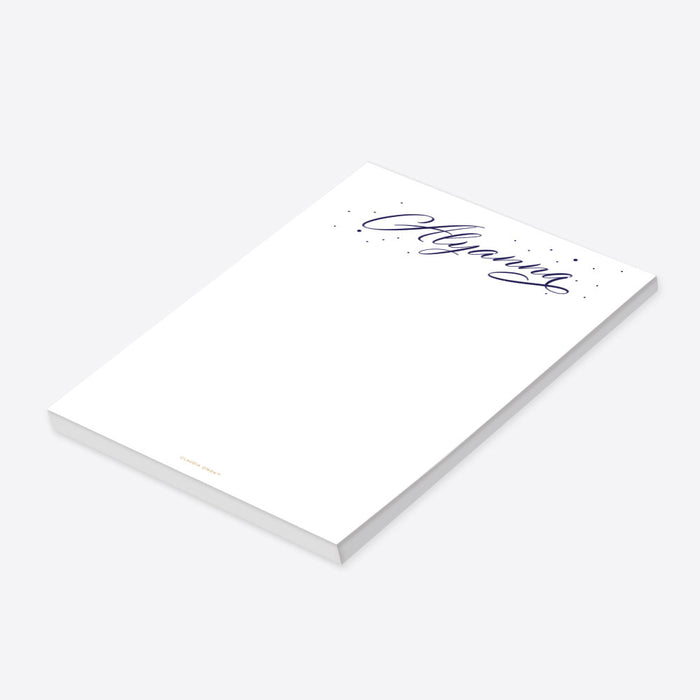 Personalized navy script notepad with custom name – elegant stationery pad for prom favors, gifts, or everyday note-taking.-side