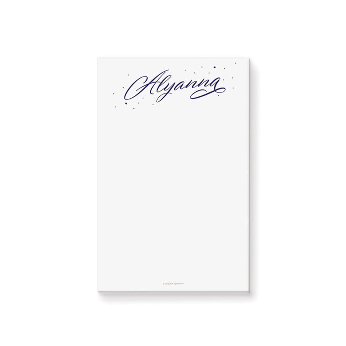 Personalized navy script notepad with custom name – elegant stationery pad for prom favors, gifts, or everyday note-taking.