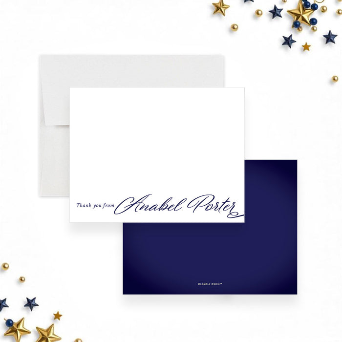 Elegant navy script thank you card personalized for students, ideal for prom, graduation, and formal milestone celebrations.-front-back