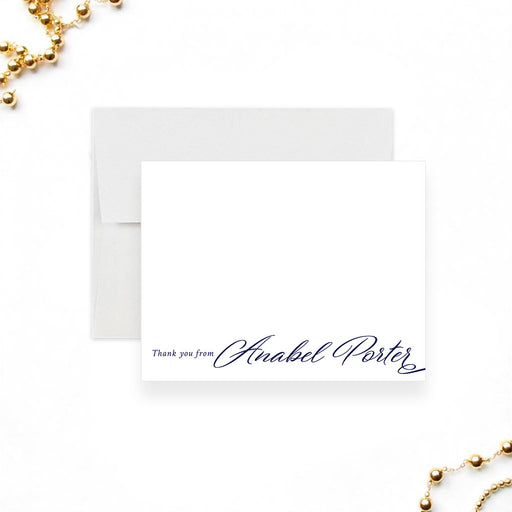 Elegant navy script thank you card personalized for students, ideal for prom, graduation, and formal milestone celebrations.-front