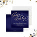 Elegant save the date card featuring a navy background and gold script, perfect for senior prom or formal events.-front-back