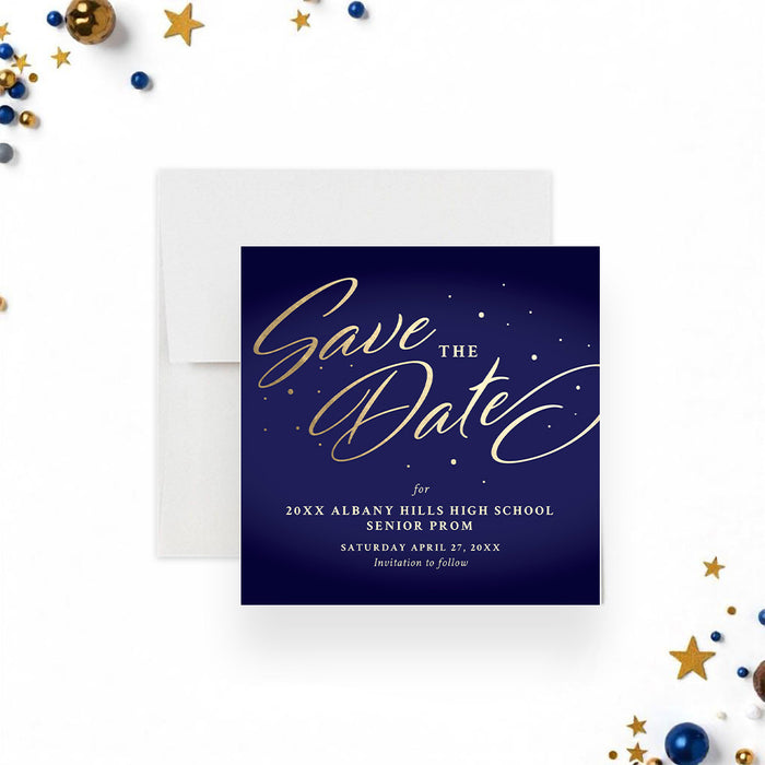 Elegant save the date card featuring a navy background and gold script, perfect for senior prom or formal events.-front