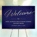 Navy and gold prom welcome sign with elegant script, personalized with the school name and date, displayed on an easel—perfect for formal dance entrances.