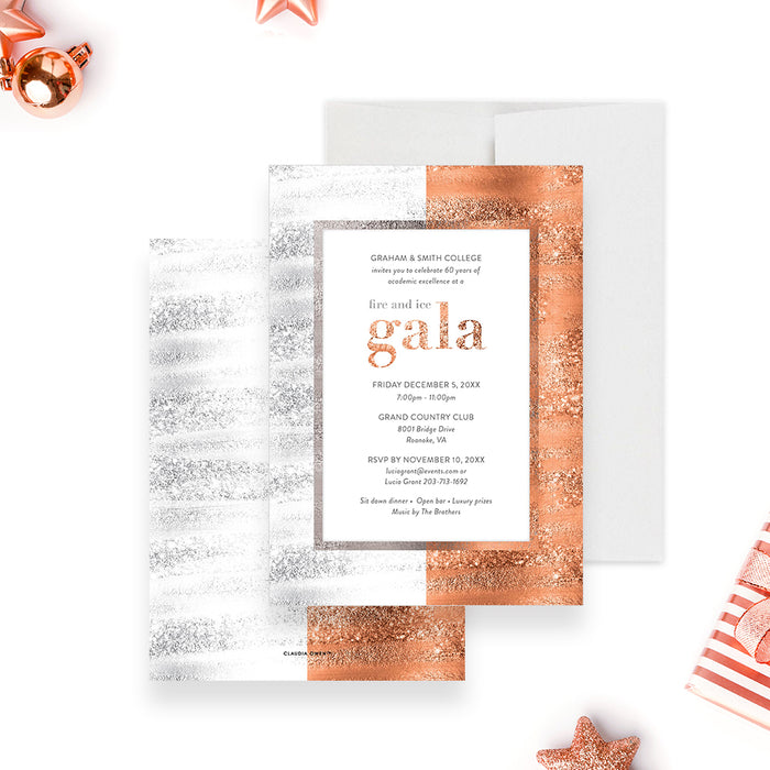Corporate gala dinner invitation featuring silver and copper accents