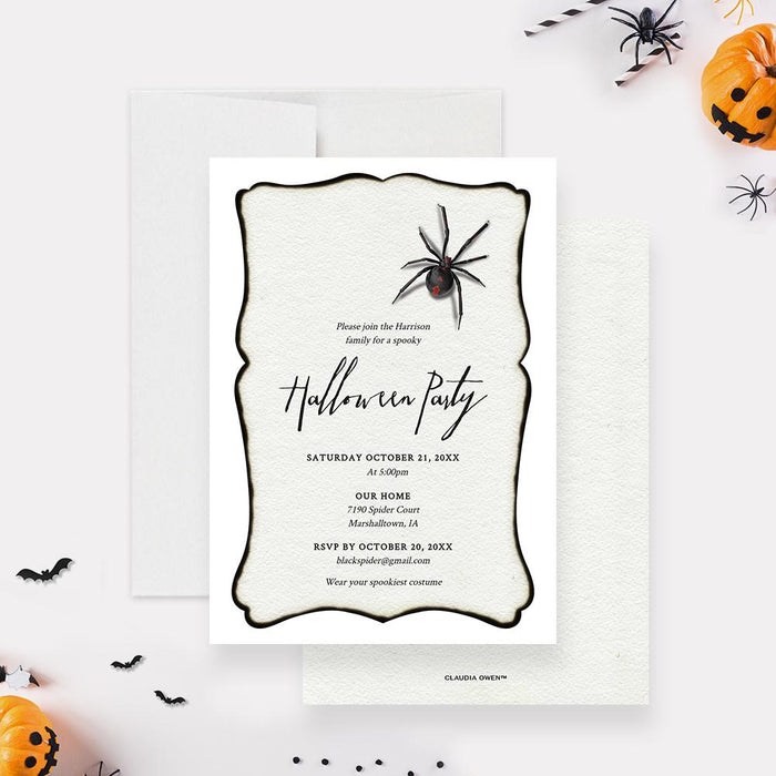 Elegant Halloween party invitation featuring a black spider on a textured cream background with stylish script text. Printable digital invite for spooky Halloween celebrations.