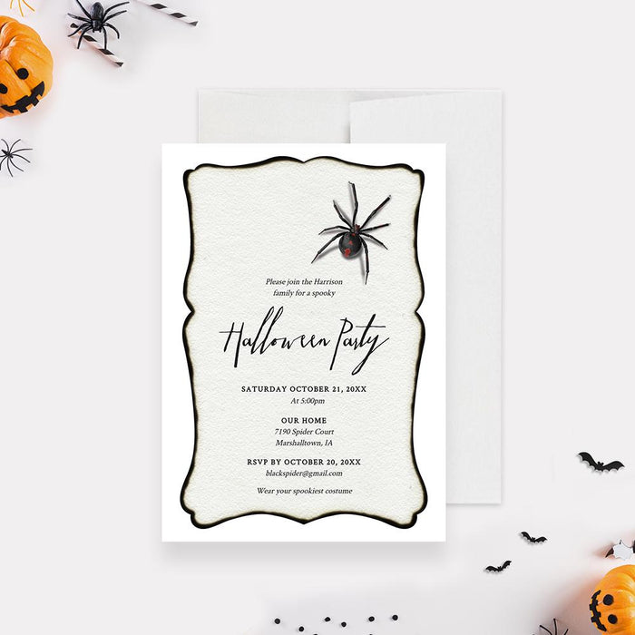 Elegant Halloween party invitation featuring a black spider on a textured cream background with stylish script text. Printable digital invite for spooky Halloween celebrations.