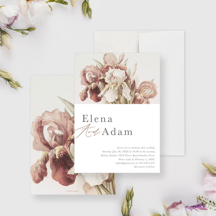 Wedding Invitation Card with Bearded Iris Flower Illustrations, Floral Wedding Invite Cards, Flowery Spring Invites for Wedding Celebration