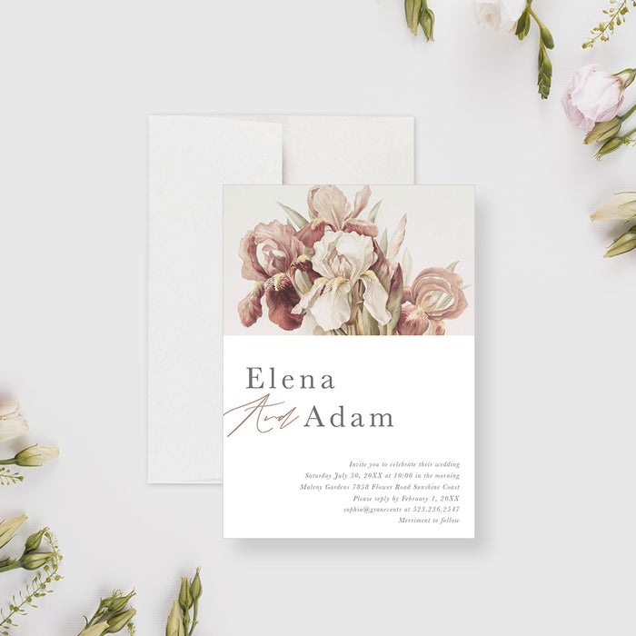 Wedding Invitation Card with Bearded Iris Flower Illustrations, Floral Wedding Invite Cards, Flowery Spring Invites for Wedding Celebration