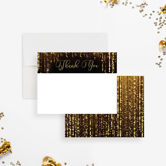Elegant thank you note card with sparkling hanging lights on black background and personalized design-front-back