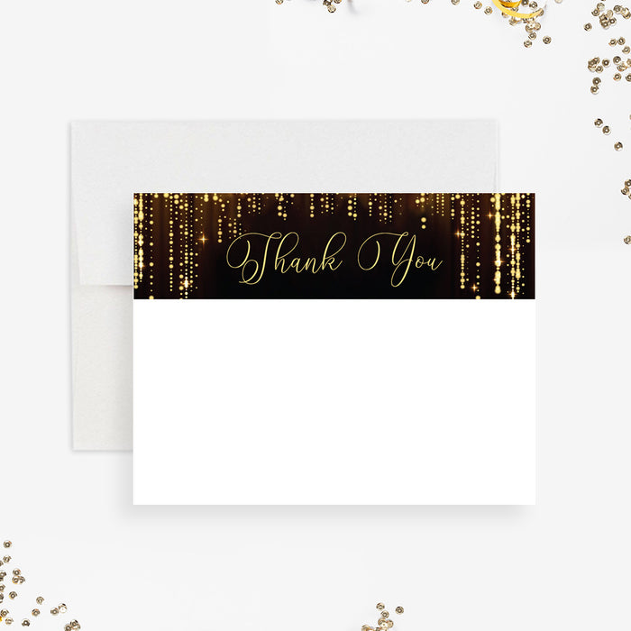Elegant thank you note card with sparkling hanging lights on black background and personalized design-front