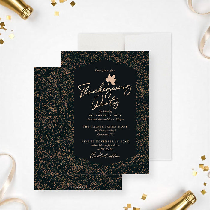 Elegant Thanksgiving party invitation featuring a maple leaf design, ideal for fall celebrations.-front-back