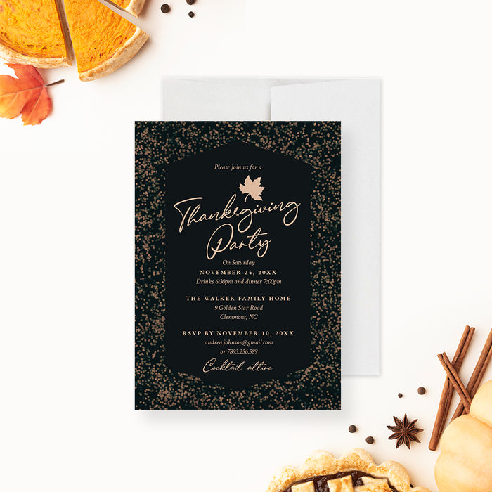 Elegant Thanksgiving party invitation featuring a maple leaf design, ideal for fall celebrations.-front
